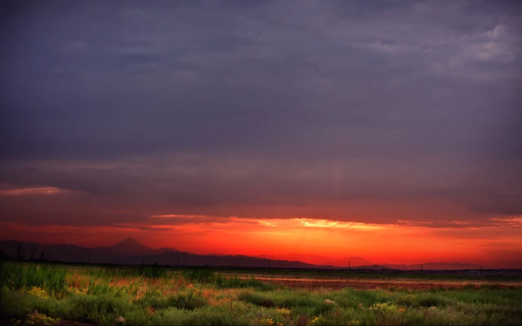 Sunset Clouds Mountains Grassland Horizon