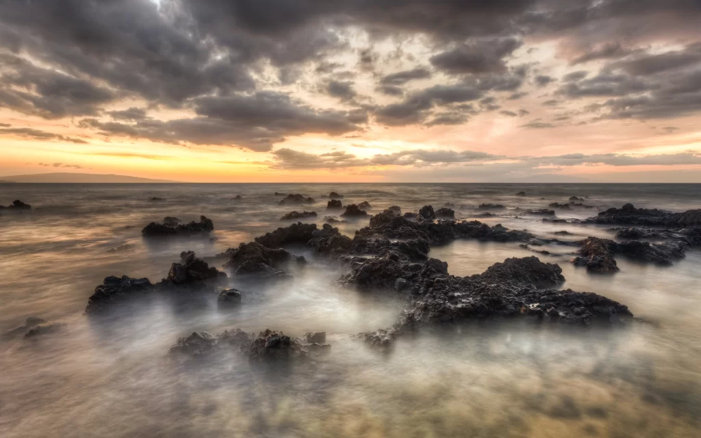 Sunset Clouds Ocean Rocks Mist