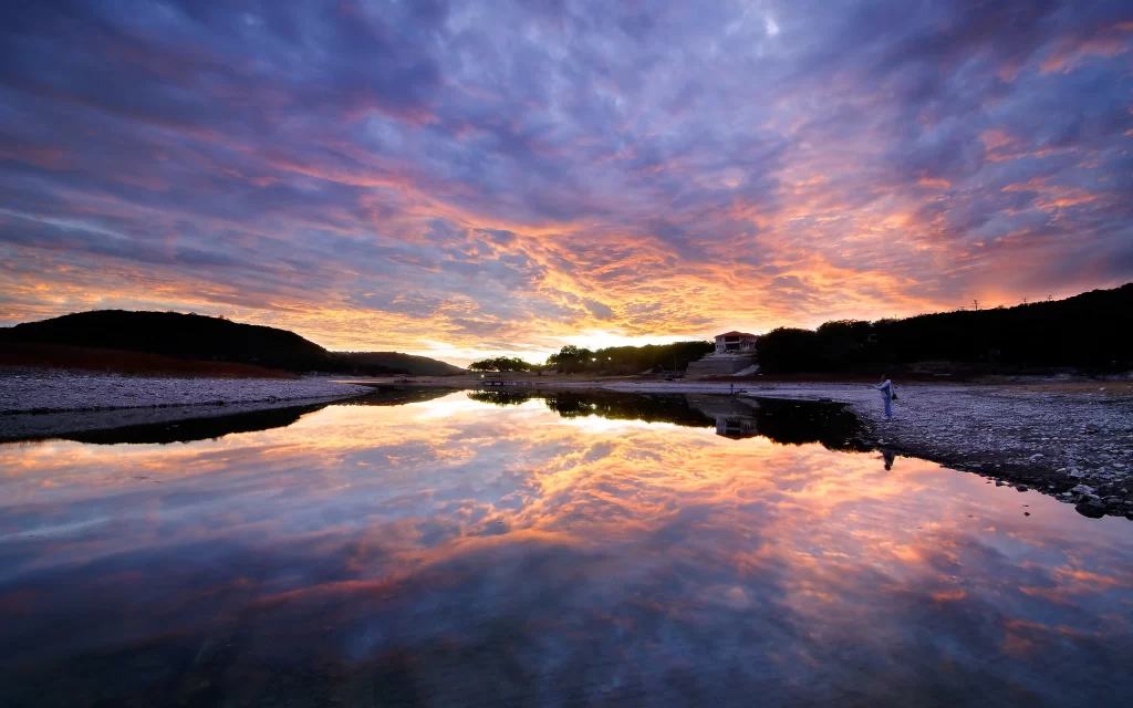 Sunset Clouds Reflection River Hills
