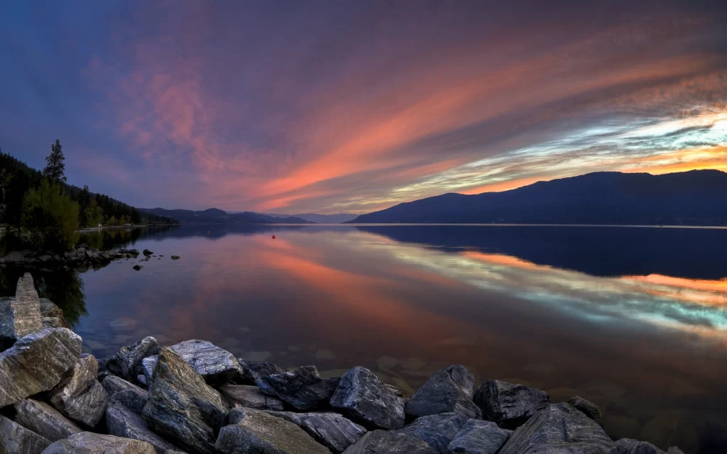 Sunset Lake Reflection Mountains Rocks Trees