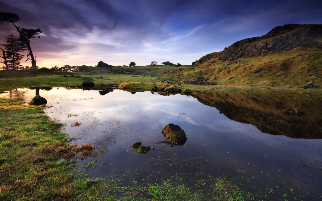 Sunset Landscape Reflection Water Rocks Nature