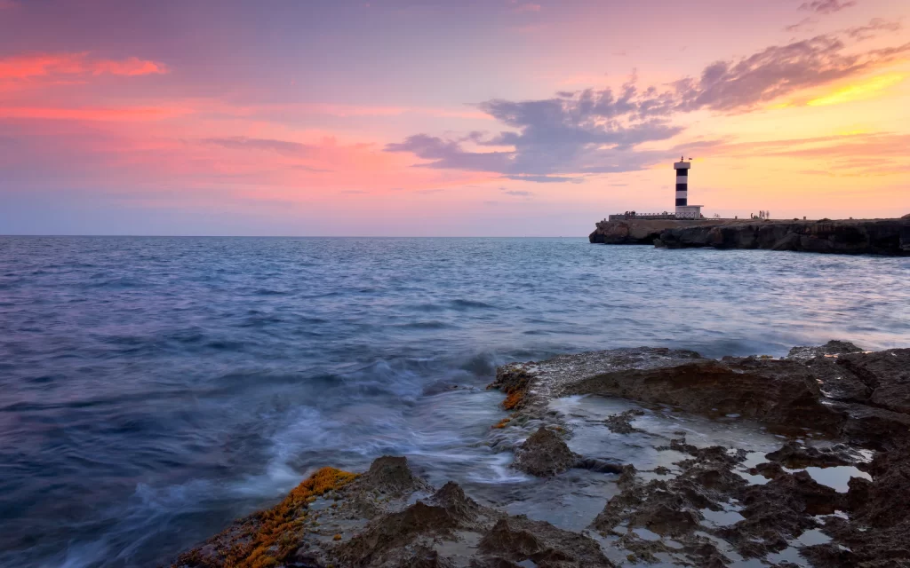 Sunset Lighthouse Ocean Waves Rocks Horizon