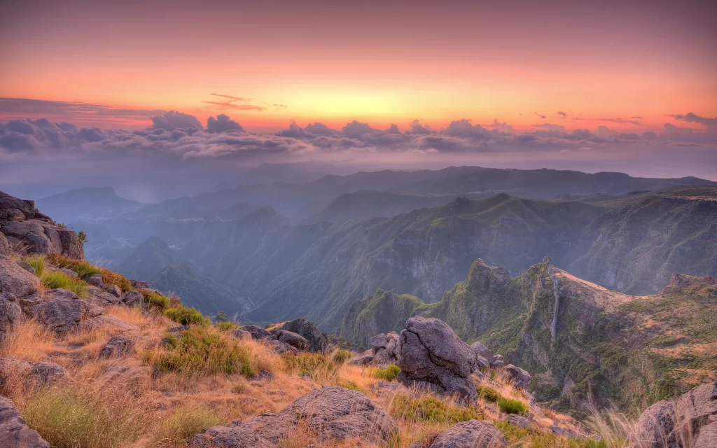 Sunset Mountain Range Clouds Horizon Landscape Nature