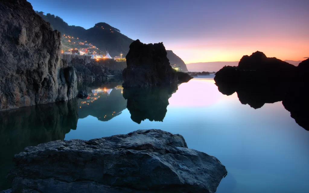 Sunset Mountain Rocks Water Reflections Scenic