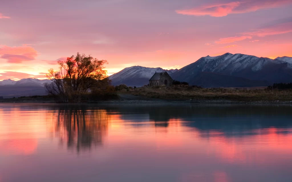 Sunset Mountains Lake Reflection Tree Silhouette