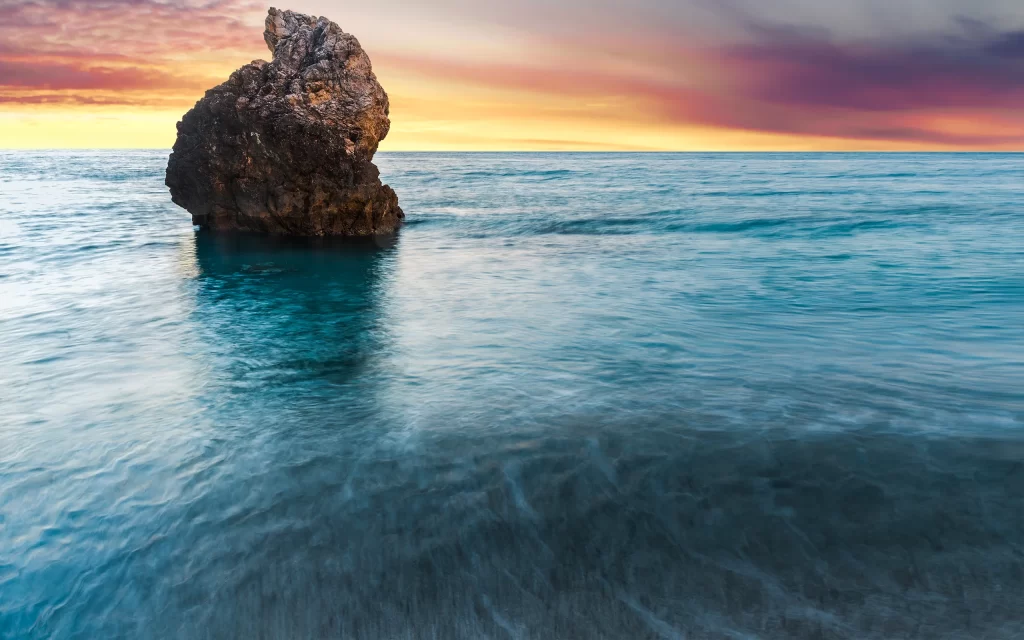 Sunset Ocean Rock Formation Waves Horizon