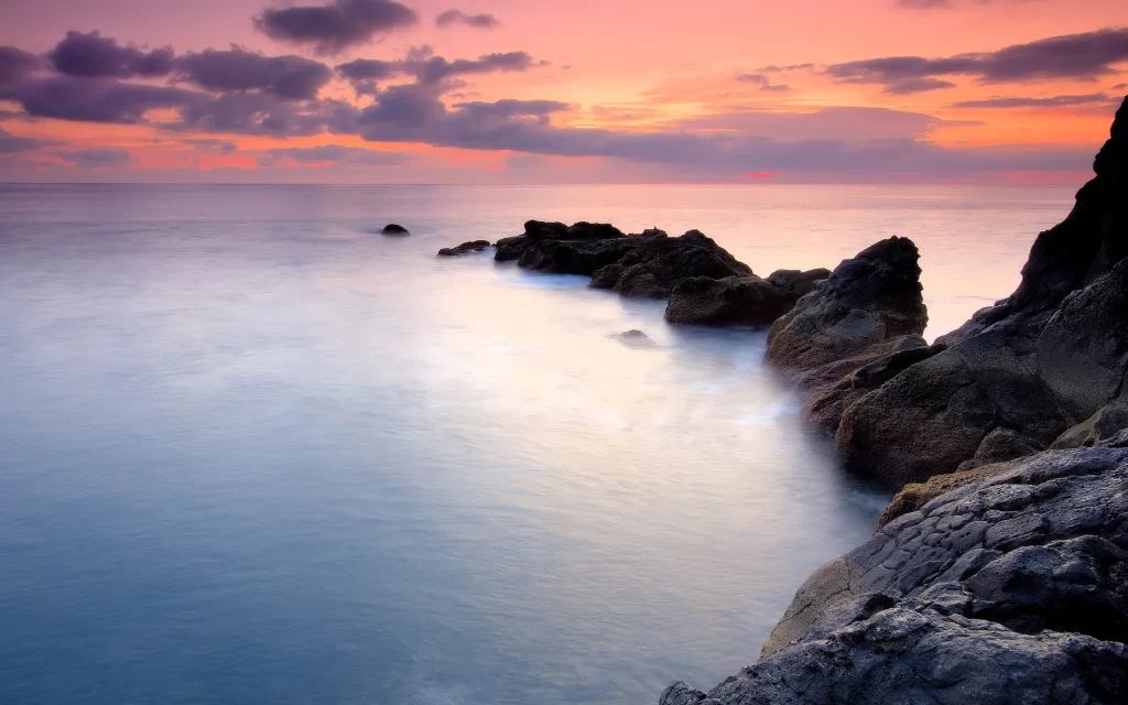 Sunset Ocean Rocks Horizon Clouds