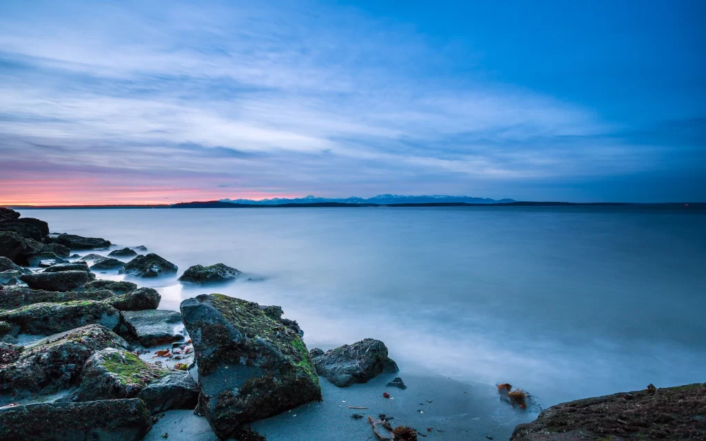 Sunset Ocean Rocks Mountains Horizon