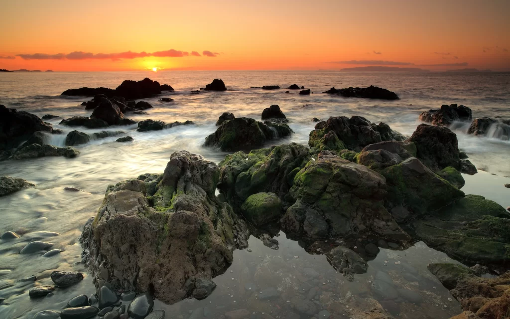 Sunset Ocean Rocks Waves Shoreline