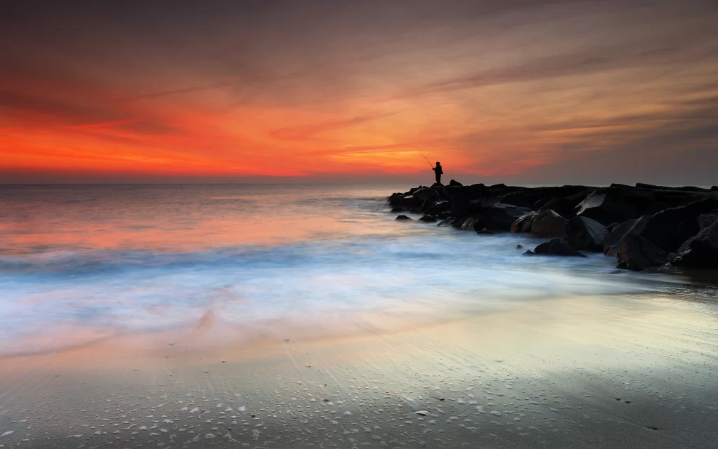 Sunset Ocean Rocks Waves Silhouette