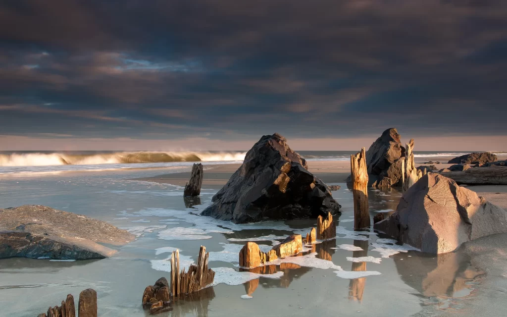 Sunset Ocean Waves Beach Rocky Cloudy Sky Reflection Nature