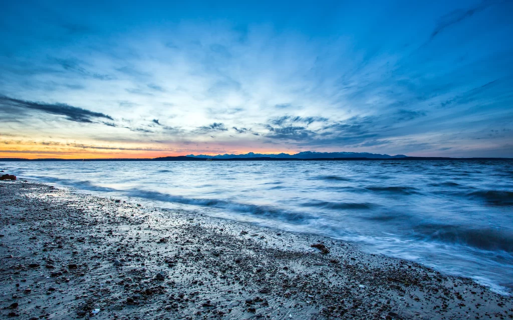 Sunset Ocean Waves Beach Rocky Shoreline Mountains