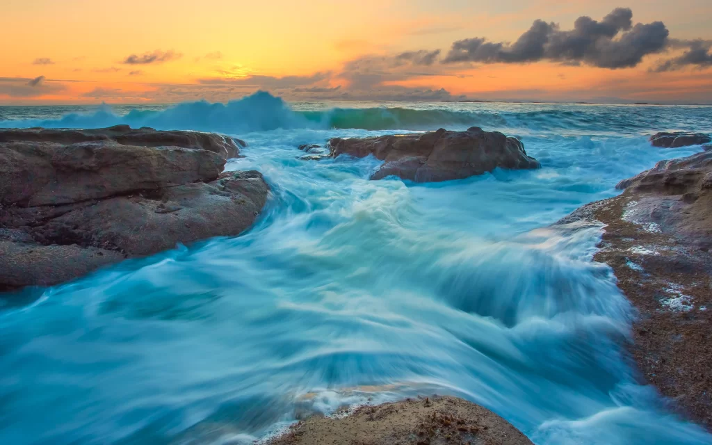 Sunset Ocean Waves Rocks Blue Sky Clouds