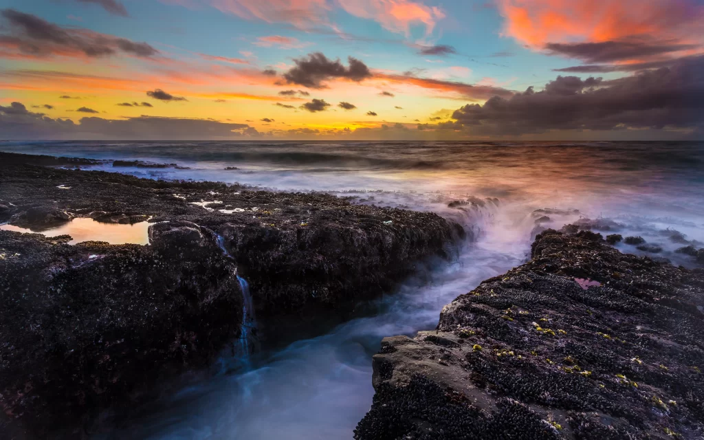 Sunset Ocean Waves Rocks Clouds Colorful