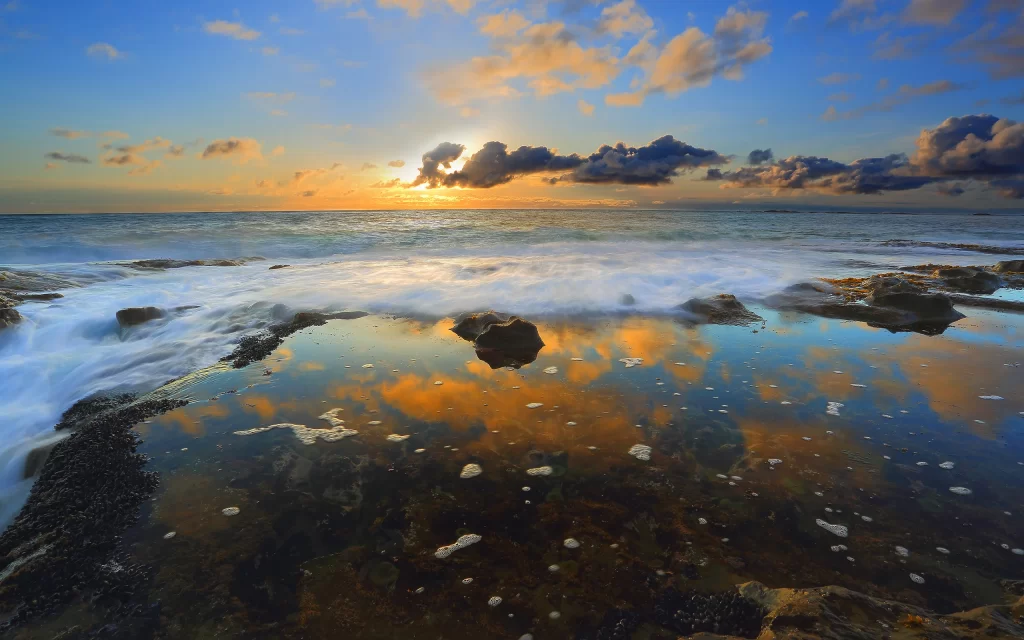 Sunset Ocean Waves Rocks Reflection Clouds