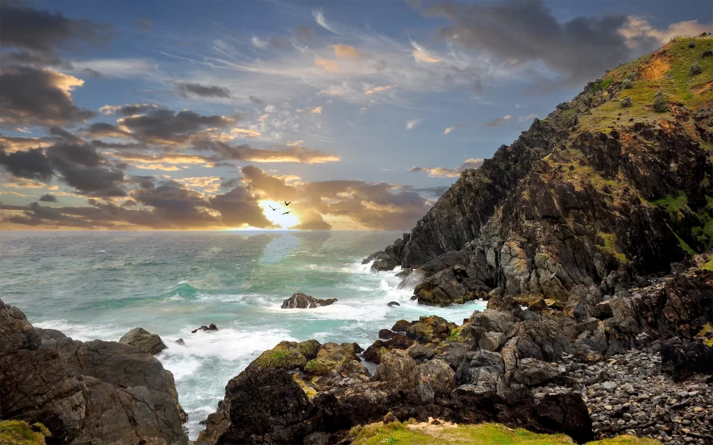 Sunset Ocean Waves Rocky Coastline Clouds