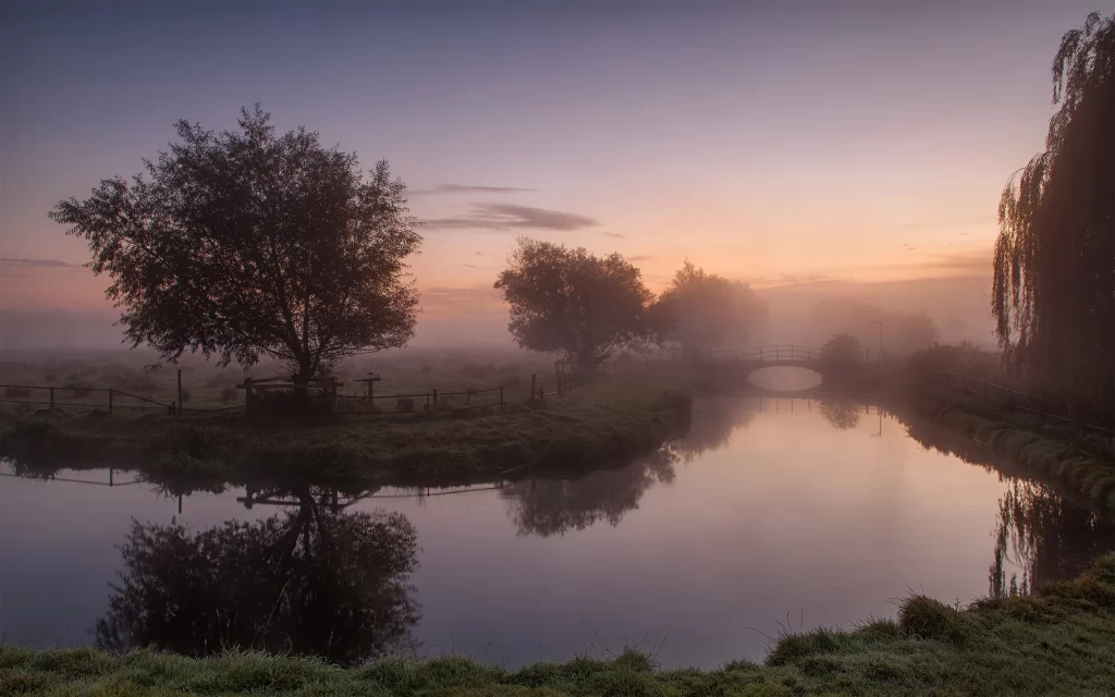Sunset River Mist Trees Reflection Bridge