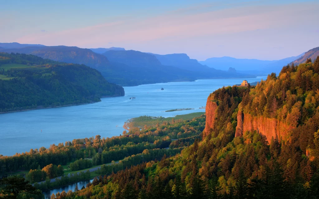 Sunset River Mountains Forest Trees Scenic