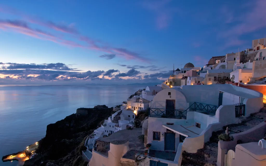 Sunset Sea Cliffs Houses Lights Sky