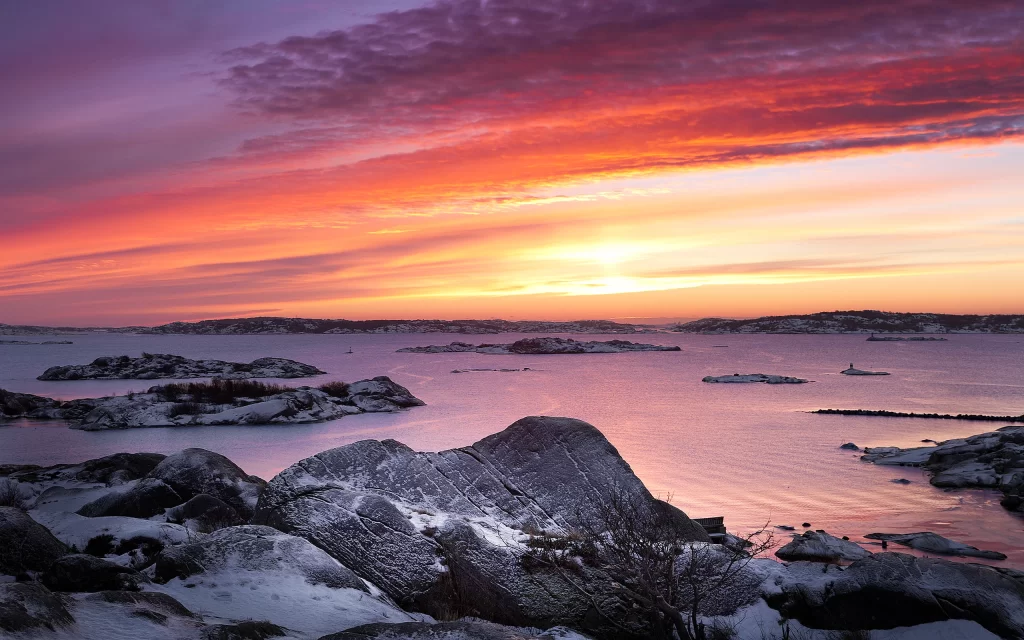 Sunset Snowy Rocks Water Islands Clouds