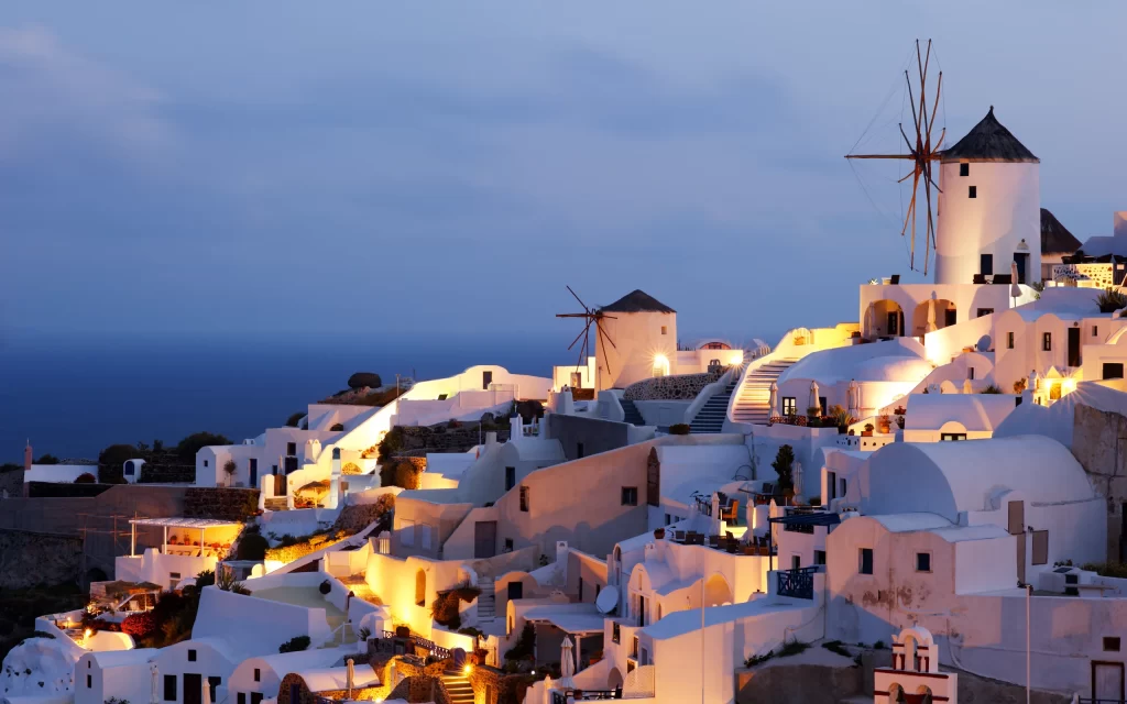Sunset White Houses Windmills Sea Cliffside Mediterranean
