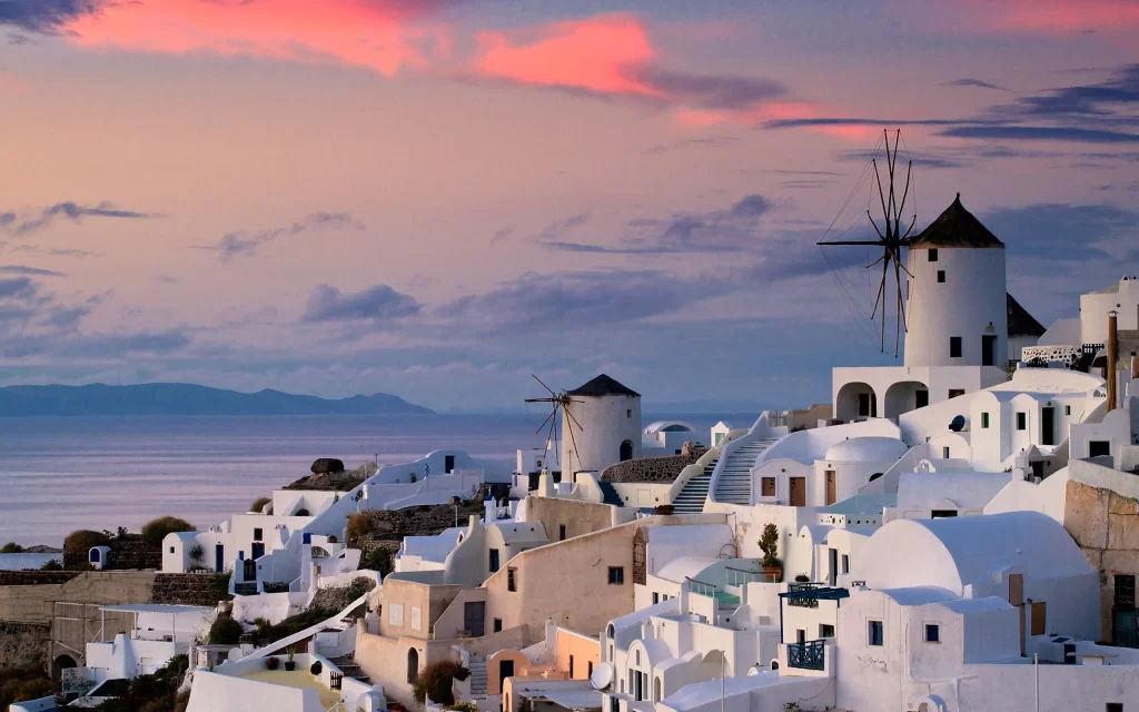 Sunset Windmill White Buildings Sea Mountains Clouds