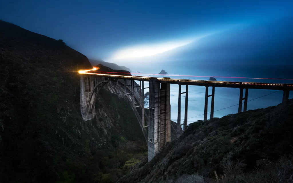 Twilight Bridge Ocean Cliff Lights