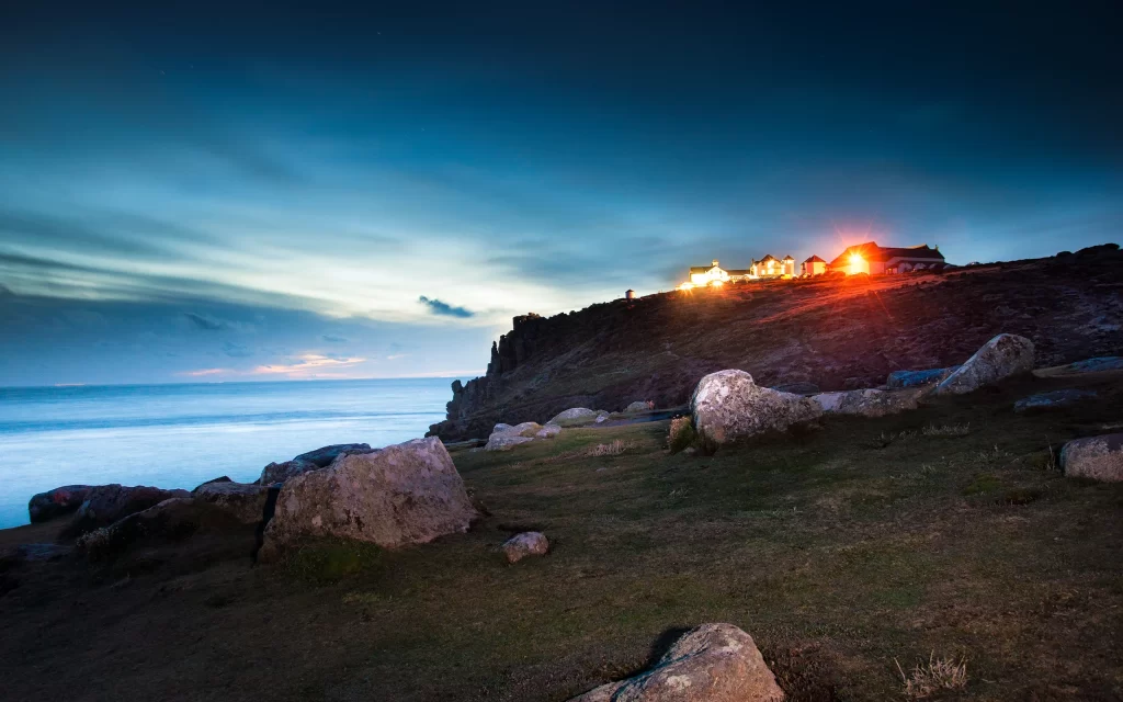 Twilight Coastline Rocks Houses Lights