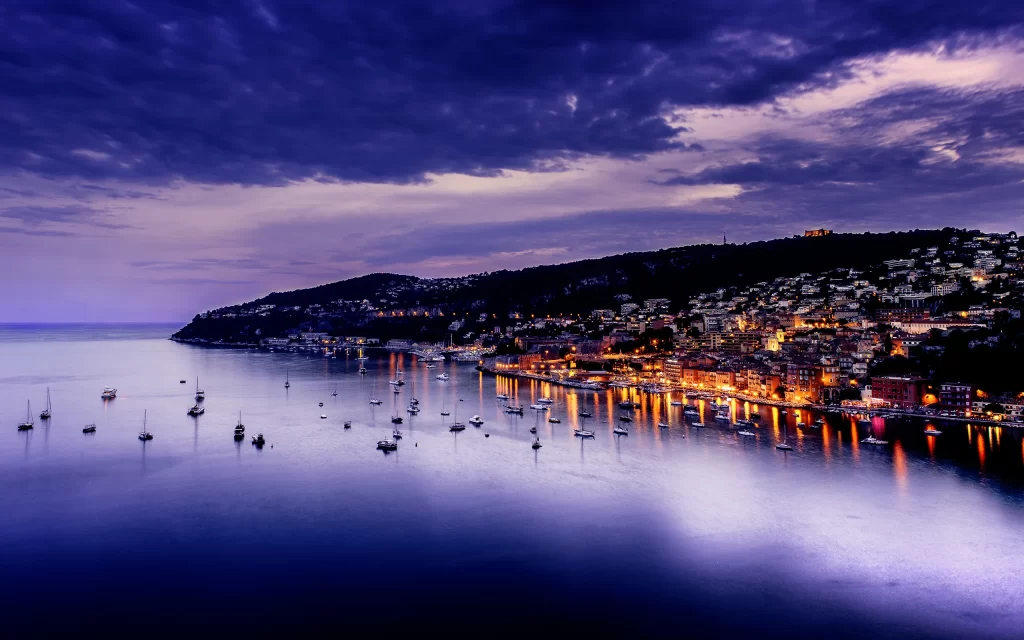 Twilight Harbour Boats Houses Lights Reflection