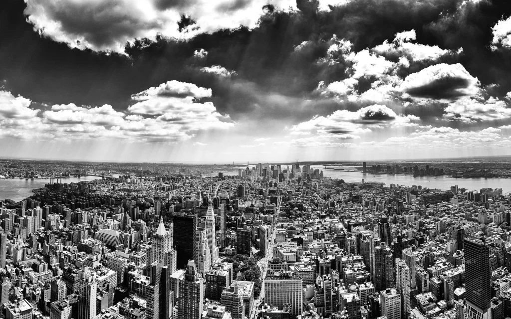 Urban Skyline Skyscrapers Clouds River Panorama