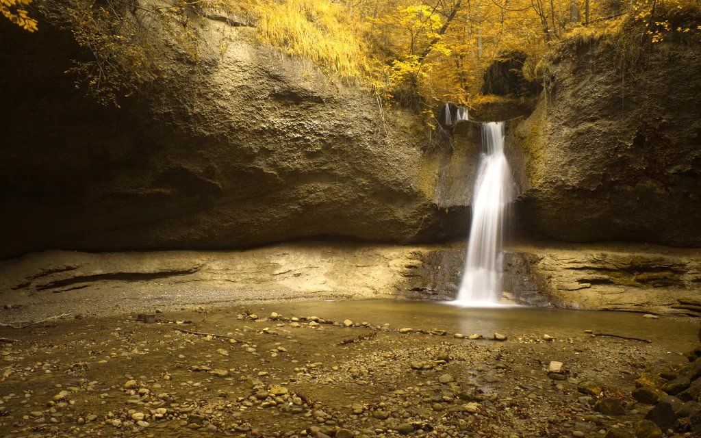Waterfall Autumn Leaves Forest Rocks Nature