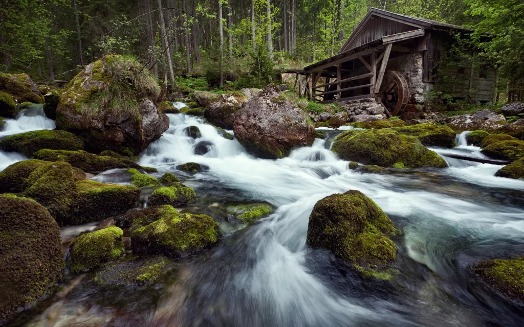 Waterfall Mossy Rocks Forest Cabin Nature