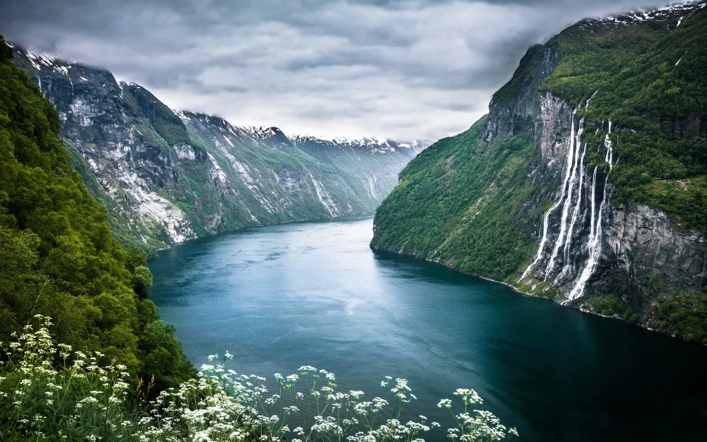 Waterfall Mountains River Greenery Clouds Nature