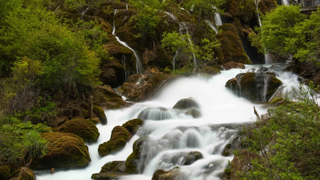 Waterfall Rocks Greenery Nature Flowing White