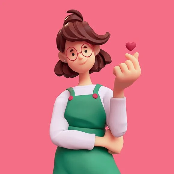 3D Rendered Character with Green Apron and Red Heart