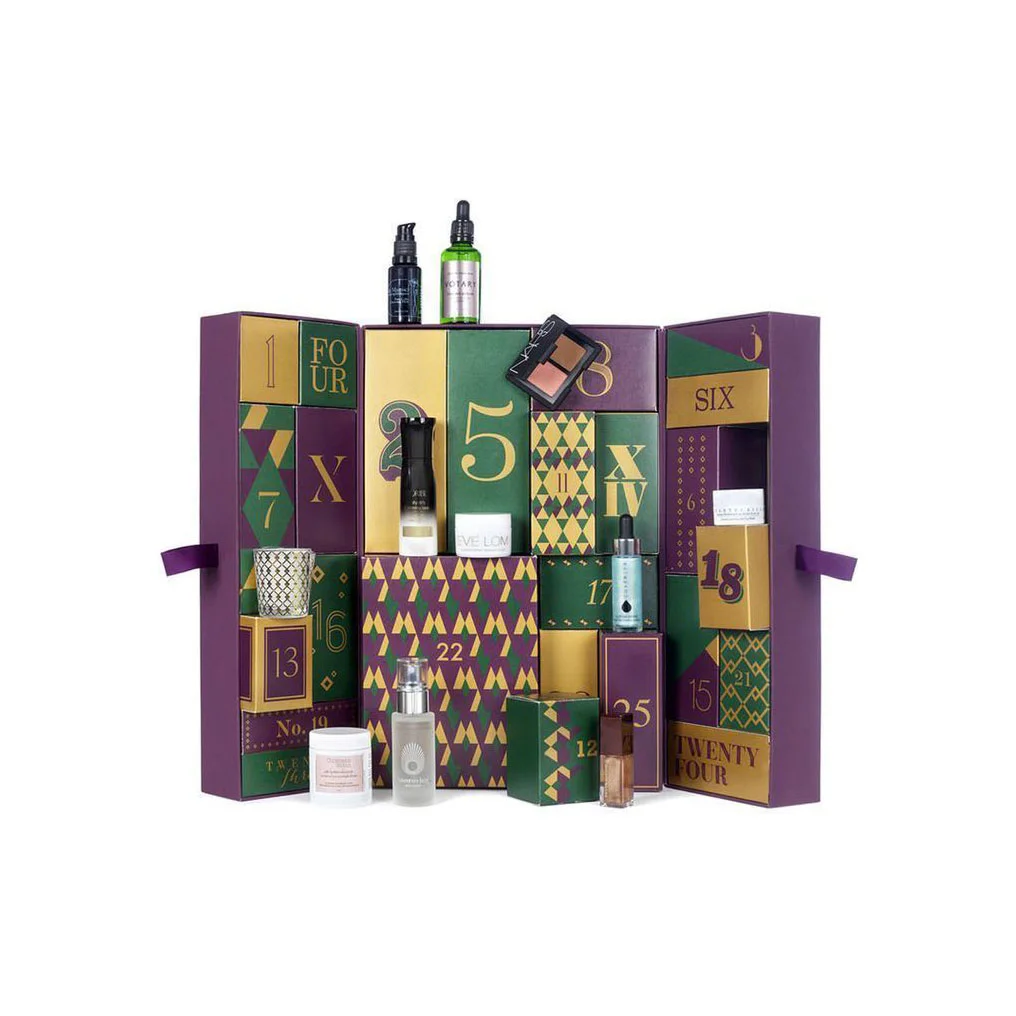 Advent Calendar Beauty Products Purple Gold Geometric Luxurious Design
