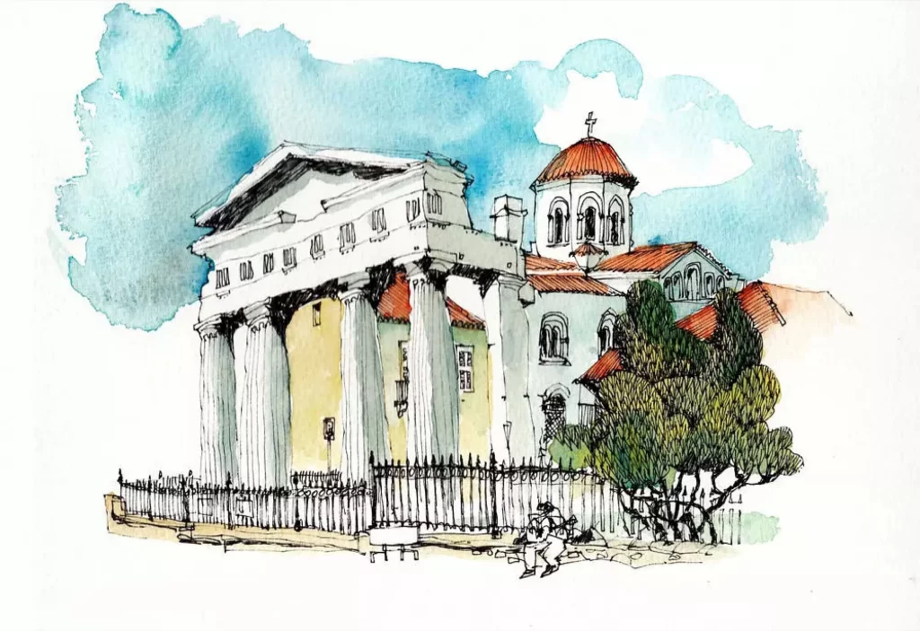 Ancient Architecture Temple Columns Church Watercolor