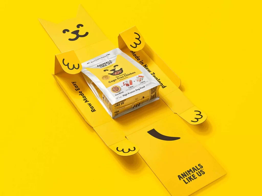 Animals Like Us Dog Food Cage-Free Chicken Yellow Packaging Cat Shape