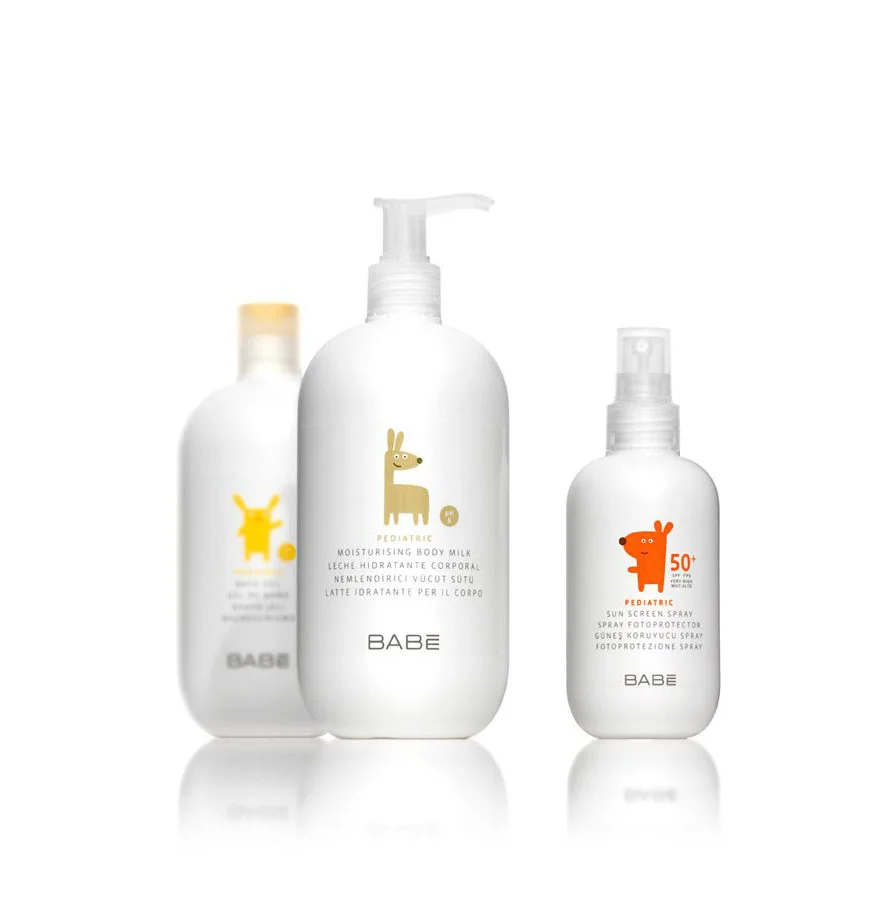 Babe Pediatric Moisturizing Body Milk Sunscreen Spray White Pump Bottle Animal Illustration