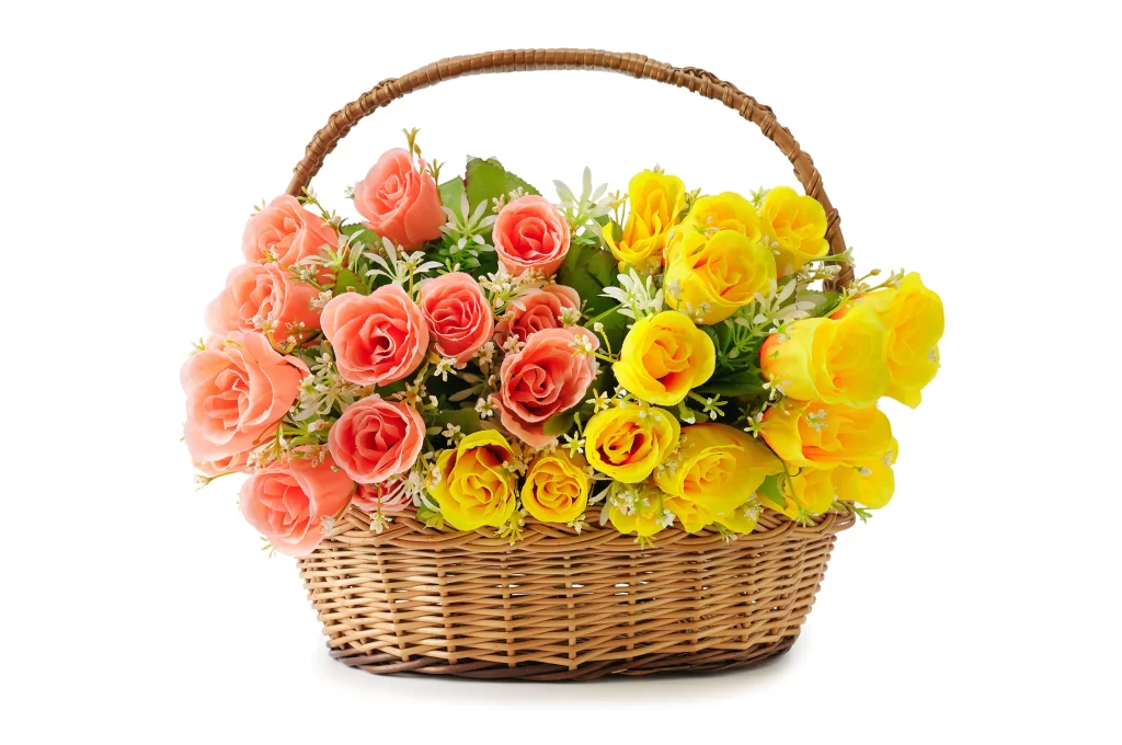 Basket Pink Yellow Roses White Flowers