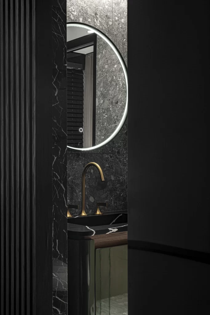 Bathroom Contemporary Dark Marble Gold Accents Round Mirror