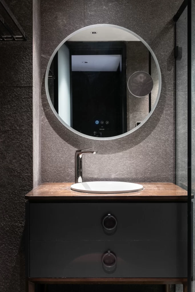 Bathroom Contemporary Dark Wood Neutral Round Mirror