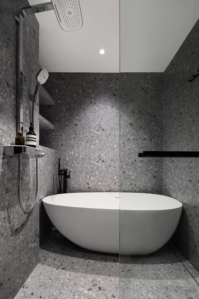 Bathroom Contemporary Monochrome Neutral Stone Texture Glass