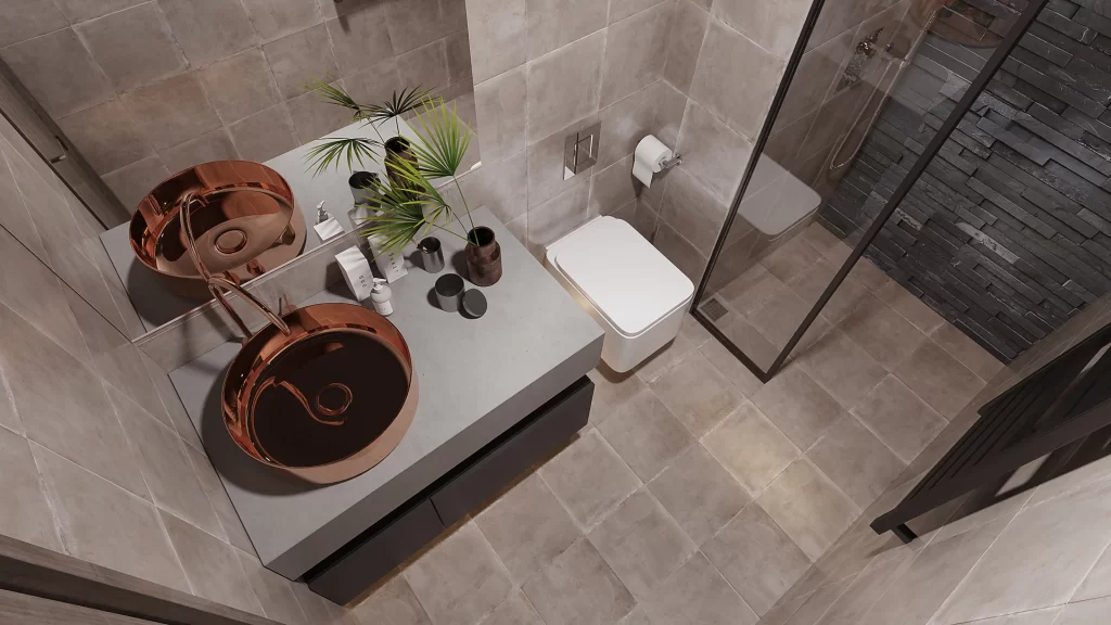 Bathroom Contemporary Neutral Copper Accents Stone Tiles Minimalist