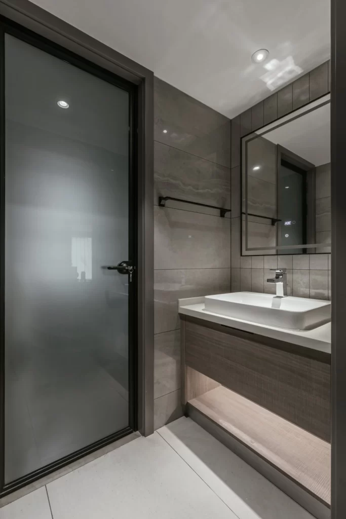 Bathroom Contemporary Neutral Gray Tiled Frosted Glass