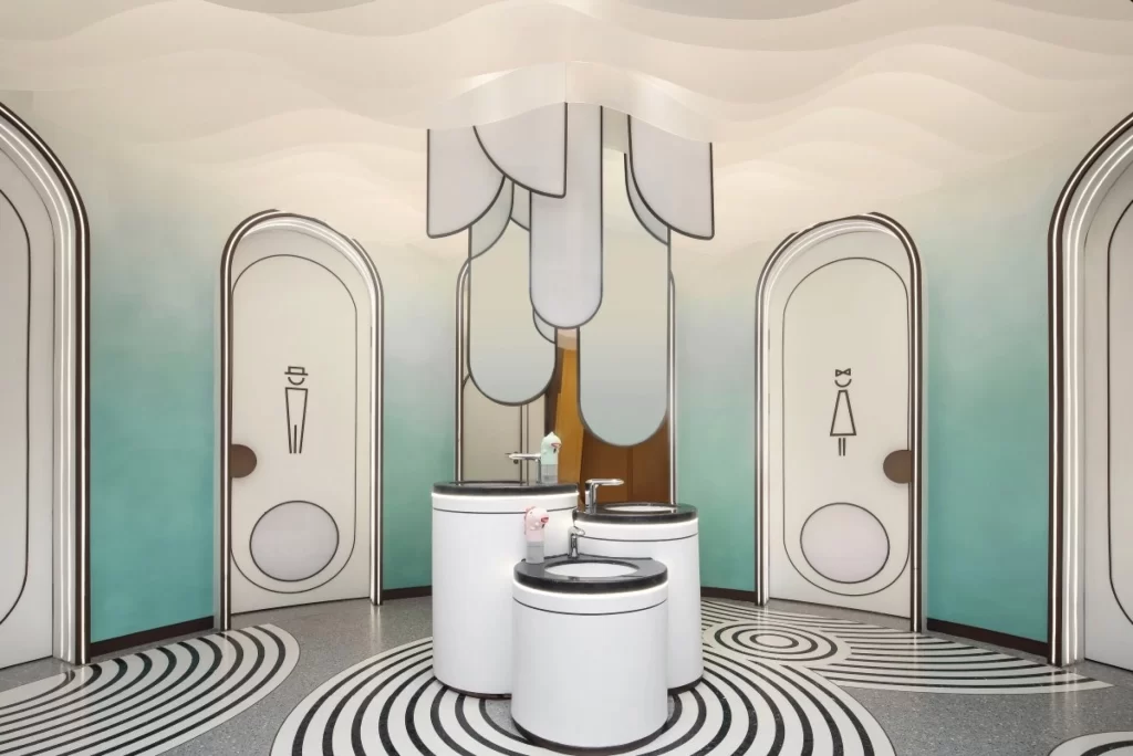 Bathroom Contemporary Pastel Blue White Black Geometric Patterns