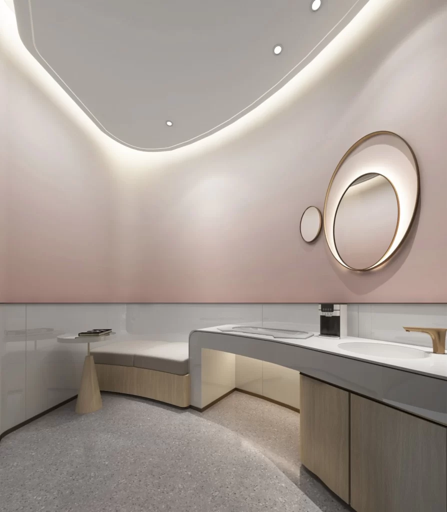 Bathroom Contemporary Soft Pink Neutral Light Wood