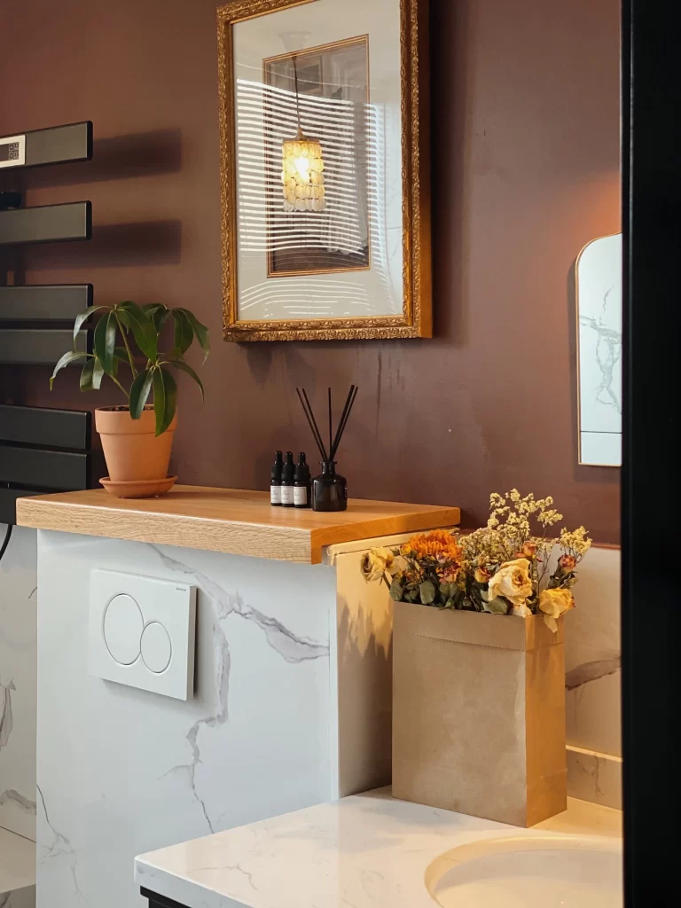 Bathroom Contemporary Warm Tones Marble Accents Greenery