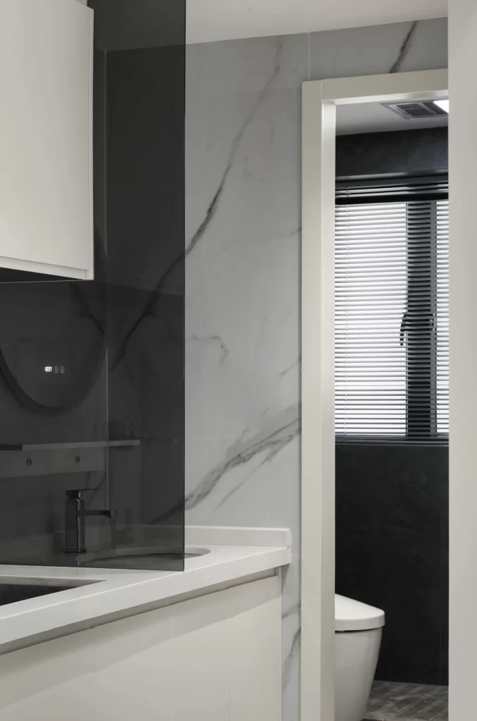 Bathroom Contemporary White Marble Neutral Black Accents