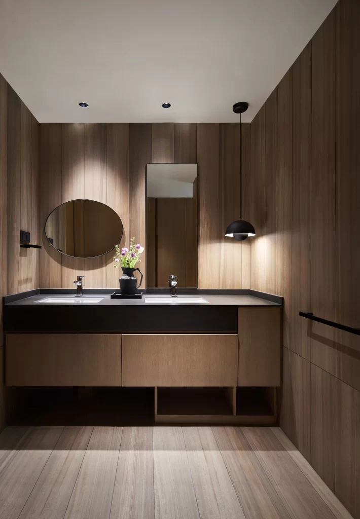 Bathroom Contemporary Wood Tones Neutral Color Palette Minimalist
